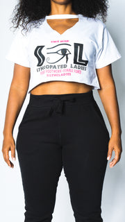 Syncopated Ladies EYE - White Logo Cut Out Cropped T-Shirt